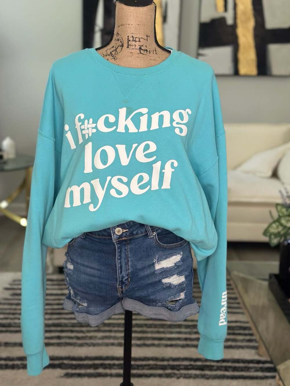 Fruit of the Loom Sweatshirt XL Turquoise Blue I Freaking Love Myself